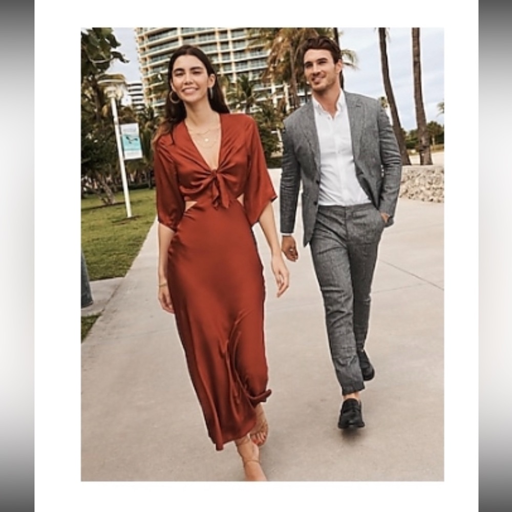 Satin Tie Front Side Cutout Midi Dress